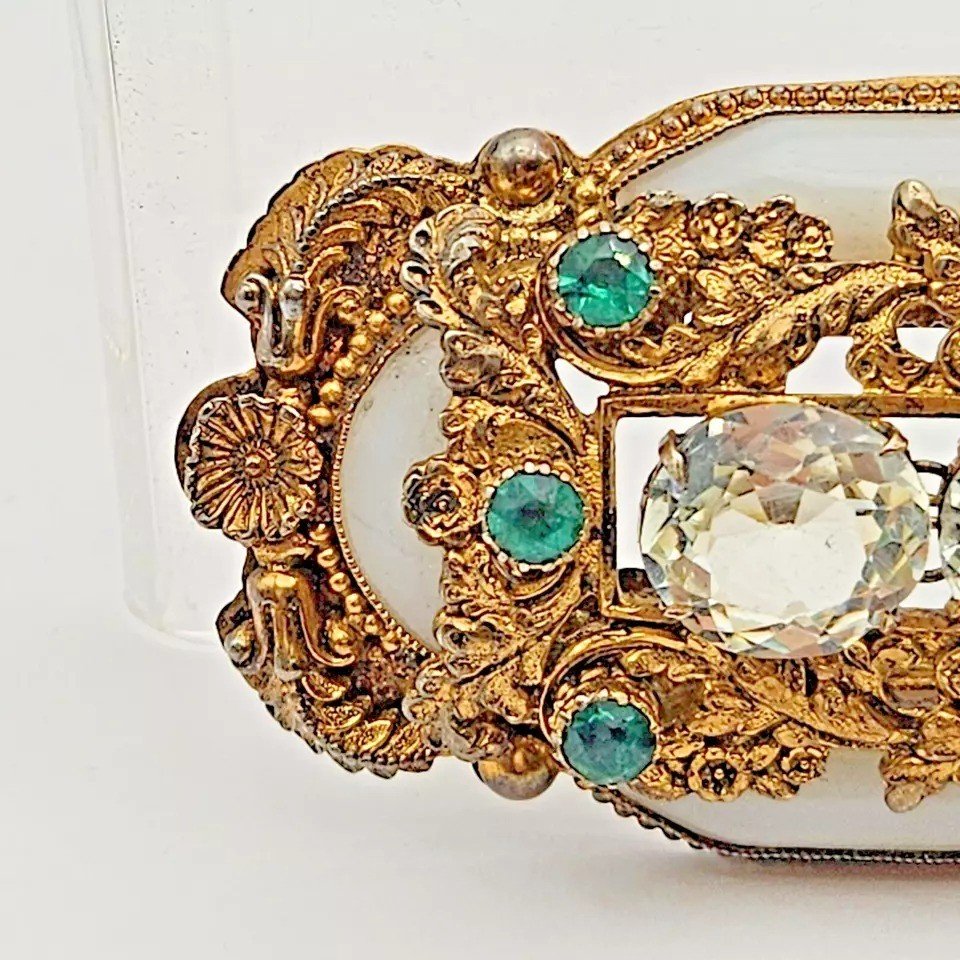 A Large French Antique Solid Silver Gilt Chalcedony & Paste Brooch 9 Cm / 3.5"-photo-8