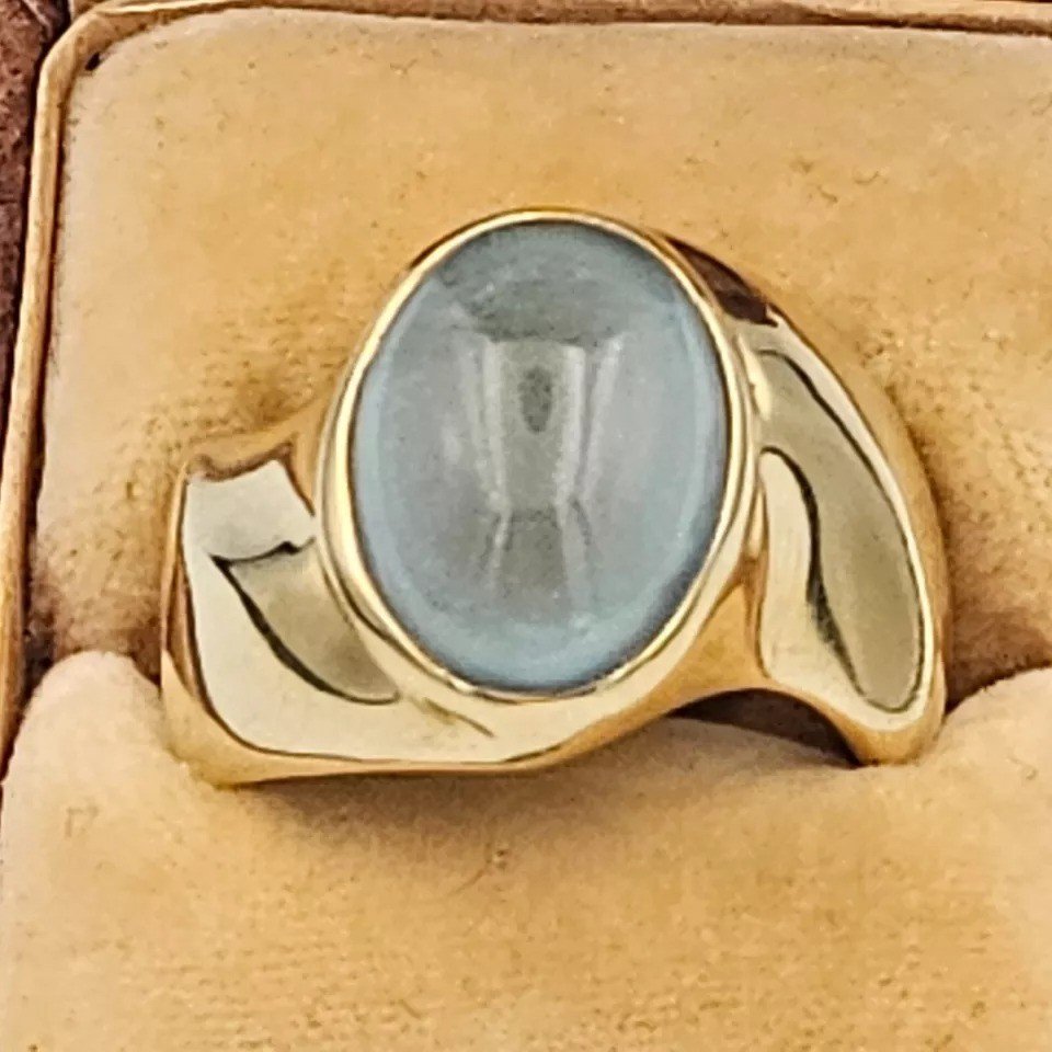 Stylish Mid Century Italian 18k Yellow Gold Oval Vintage Blue Topaz Ring-photo-8