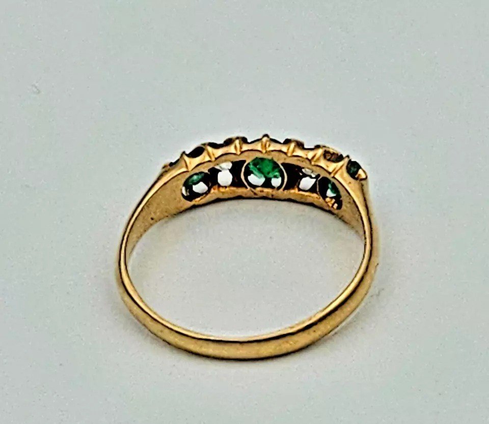 A Fine Edwardian Emerald & Diamond Solid 18ct Yellow Gold Five Stone Ring-photo-1