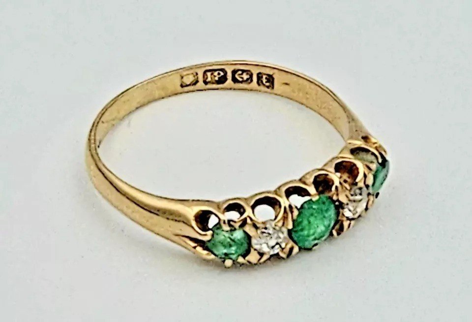 A Fine Edwardian Emerald & Diamond Solid 18ct Yellow Gold Five Stone Ring-photo-3