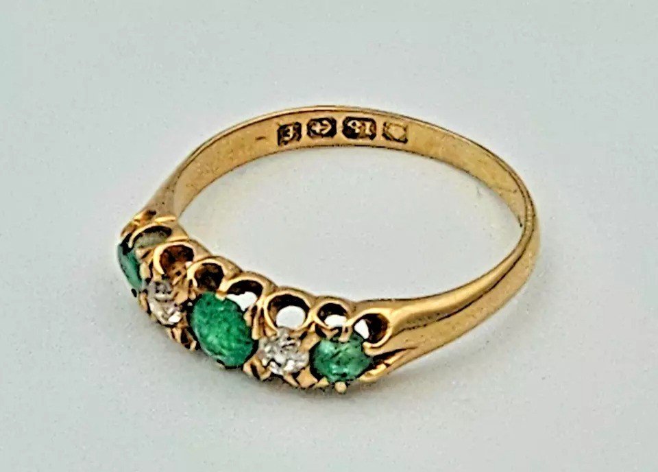 A Fine Edwardian Emerald & Diamond Solid 18ct Yellow Gold Five Stone Ring-photo-5