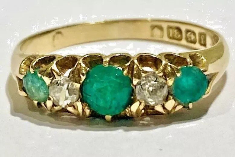 A Fine Edwardian Emerald & Diamond Solid 18ct Yellow Gold Five Stone Ring-photo-6