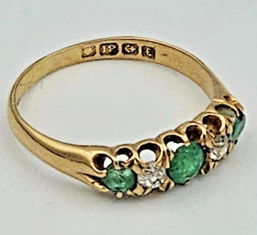 A Fine Edwardian Emerald & Diamond Solid 18ct Yellow Gold Five Stone Ring-photo-7