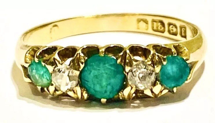 A Fine Edwardian Emerald & Diamond Solid 18ct Yellow Gold Five Stone Ring