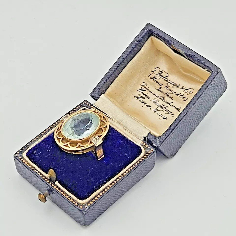 Superbe Bague Pour Homme En Or Jaune 14 Carats Avec Aigue-marine, Circa 1920-photo-5