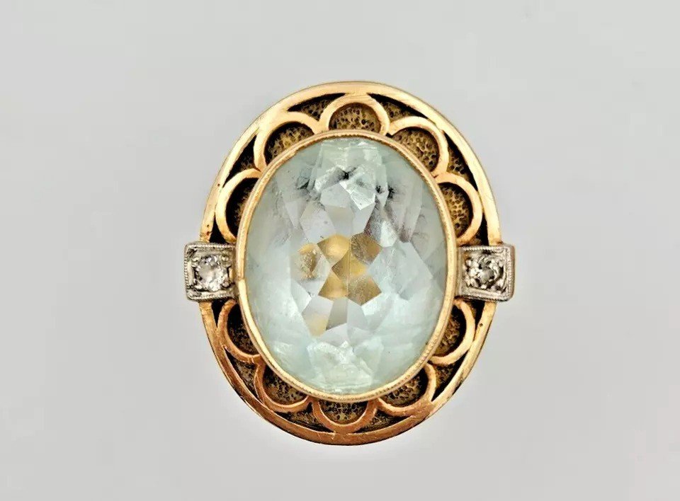 Superbe Bague Pour Homme En Or Jaune 14 Carats Avec Aigue-marine, Circa 1920-photo-6