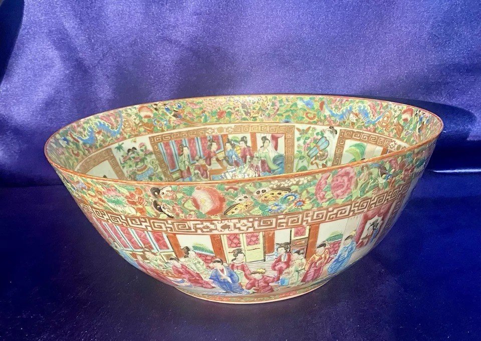 Antique Qing Chinese Export Rose Medallion Canton Porcelain Punch Bowl 15.5" Dia-photo-8