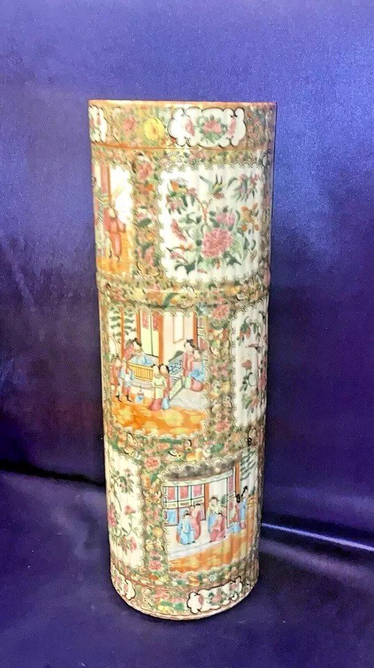 Antique Qing Chinese Export Canton Porcelain Rose Medallion Umbrella Stand 19thc-photo-5