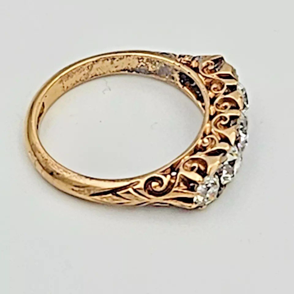 Antique Victorian 18ct Solid Gold, Carved Half Hoop Five Stone Diamond Ring-photo-1