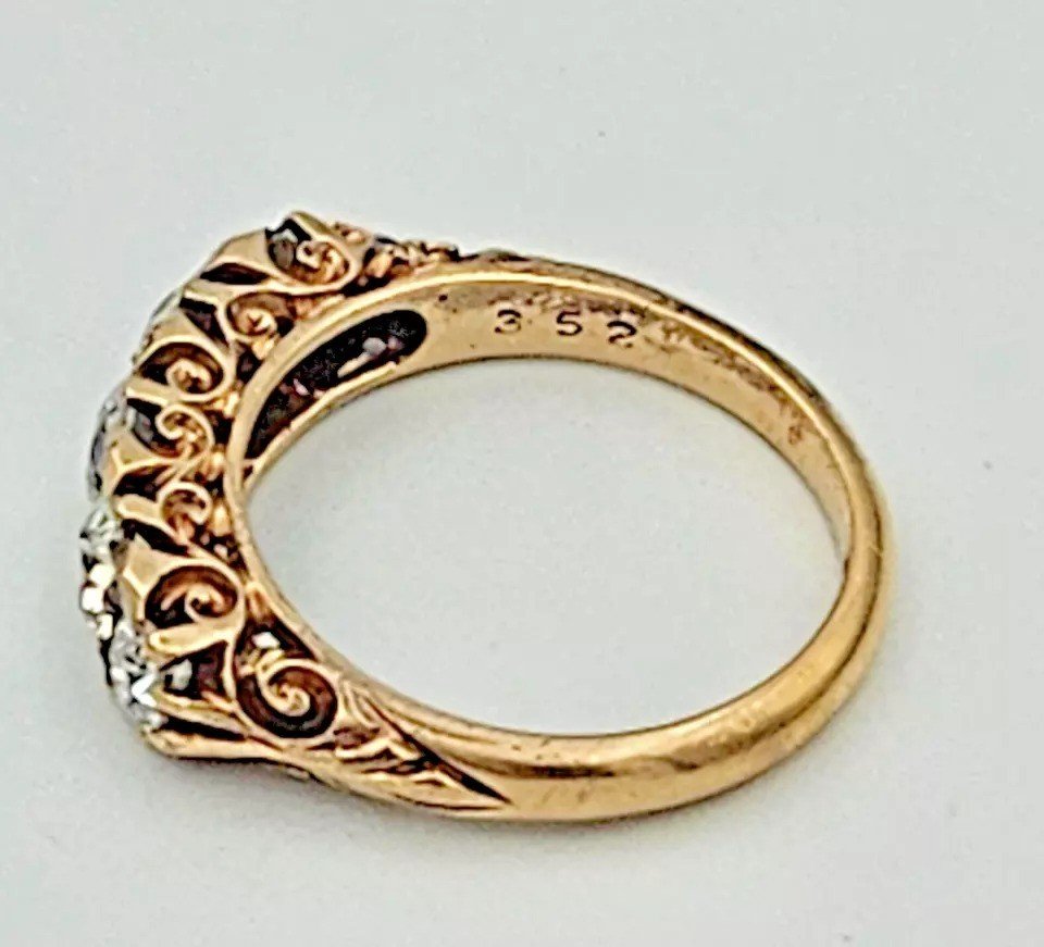 Antique Victorian 18ct Solid Gold, Carved Half Hoop Five Stone Diamond Ring-photo-2