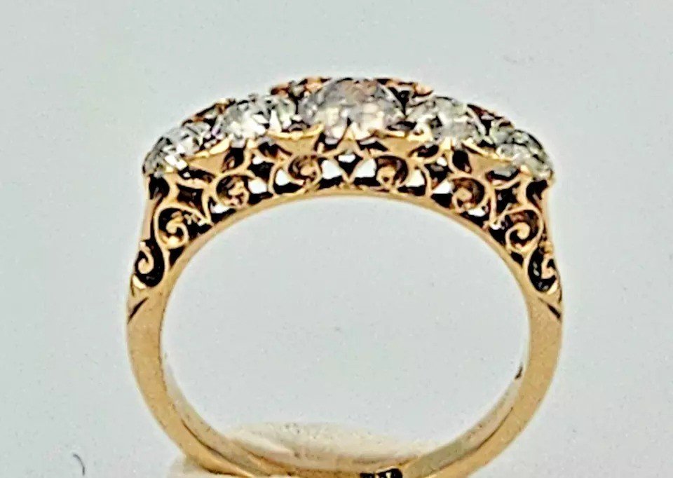 Antique Victorian 18ct Solid Gold, Carved Half Hoop Five Stone Diamond Ring-photo-4