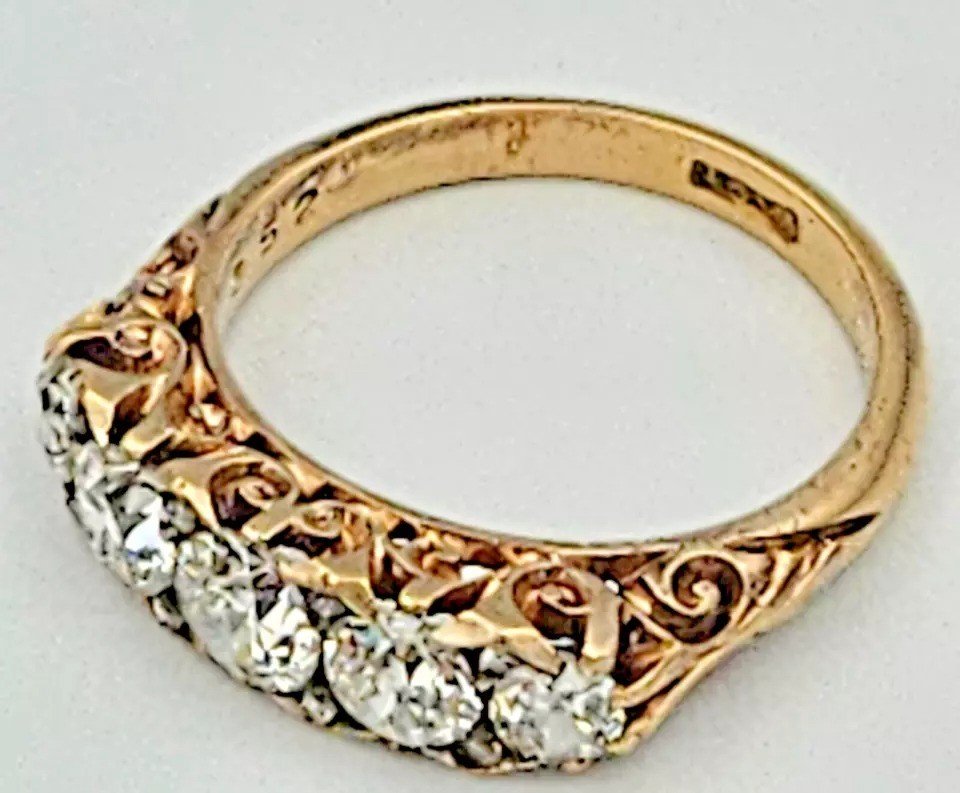 Antique Victorian 18ct Solid Gold, Carved Half Hoop Five Stone Diamond Ring-photo-7