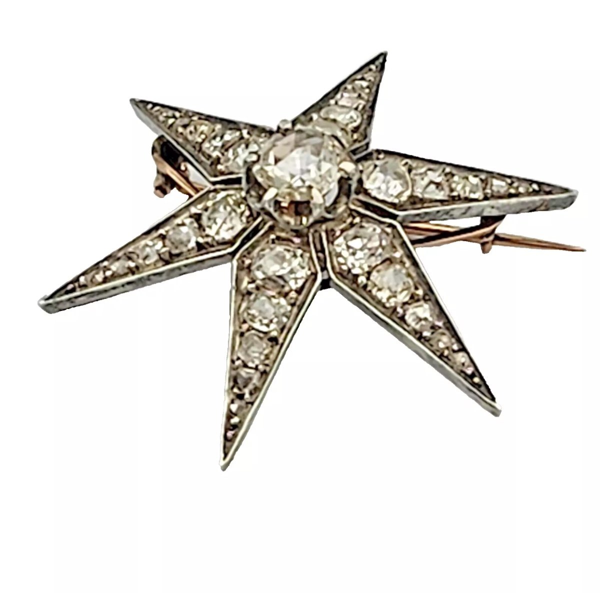 Broche Antique Victorienne En Or Et Argent Avec Diamant Taille Européenne De 3,72 Carats-photo-4