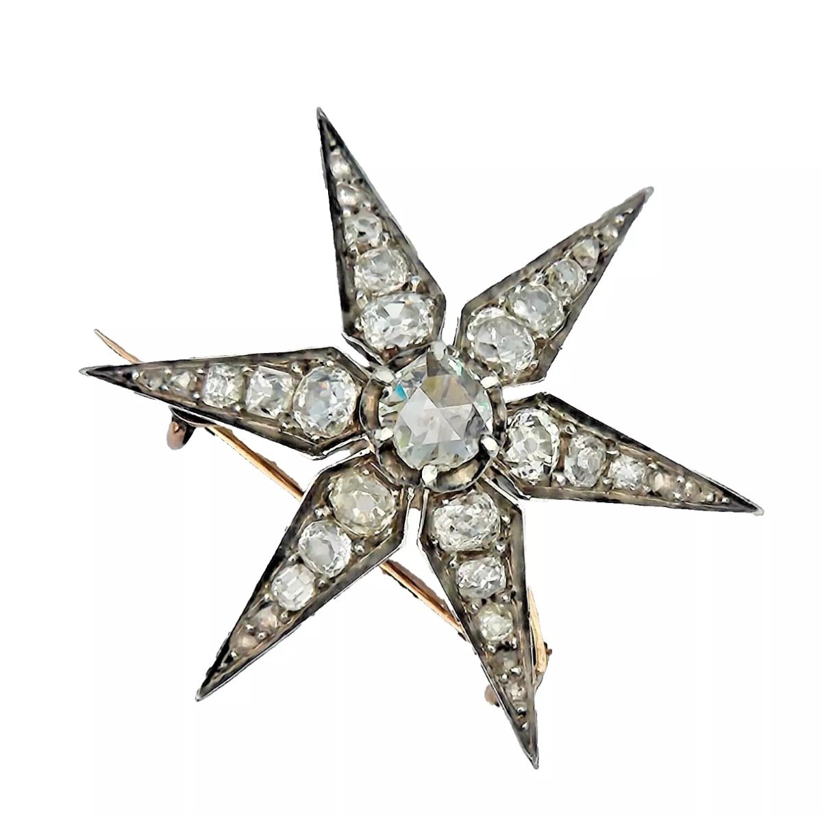 Broche Antique Victorienne En Or Et Argent Avec Diamant Taille Européenne De 3,72 Carats-photo-1