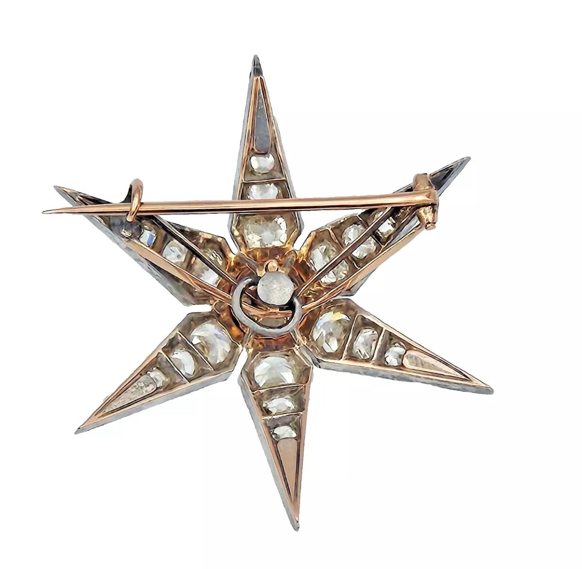 Broche Antique Victorienne En Or Et Argent Avec Diamant Taille Européenne De 3,72 Carats-photo-3