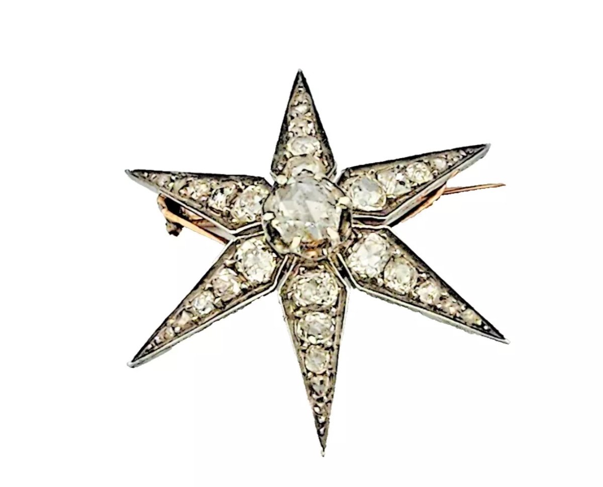 Broche Antique Victorienne En Or Et Argent Avec Diamant Taille Européenne De 3,72 Carats-photo-5