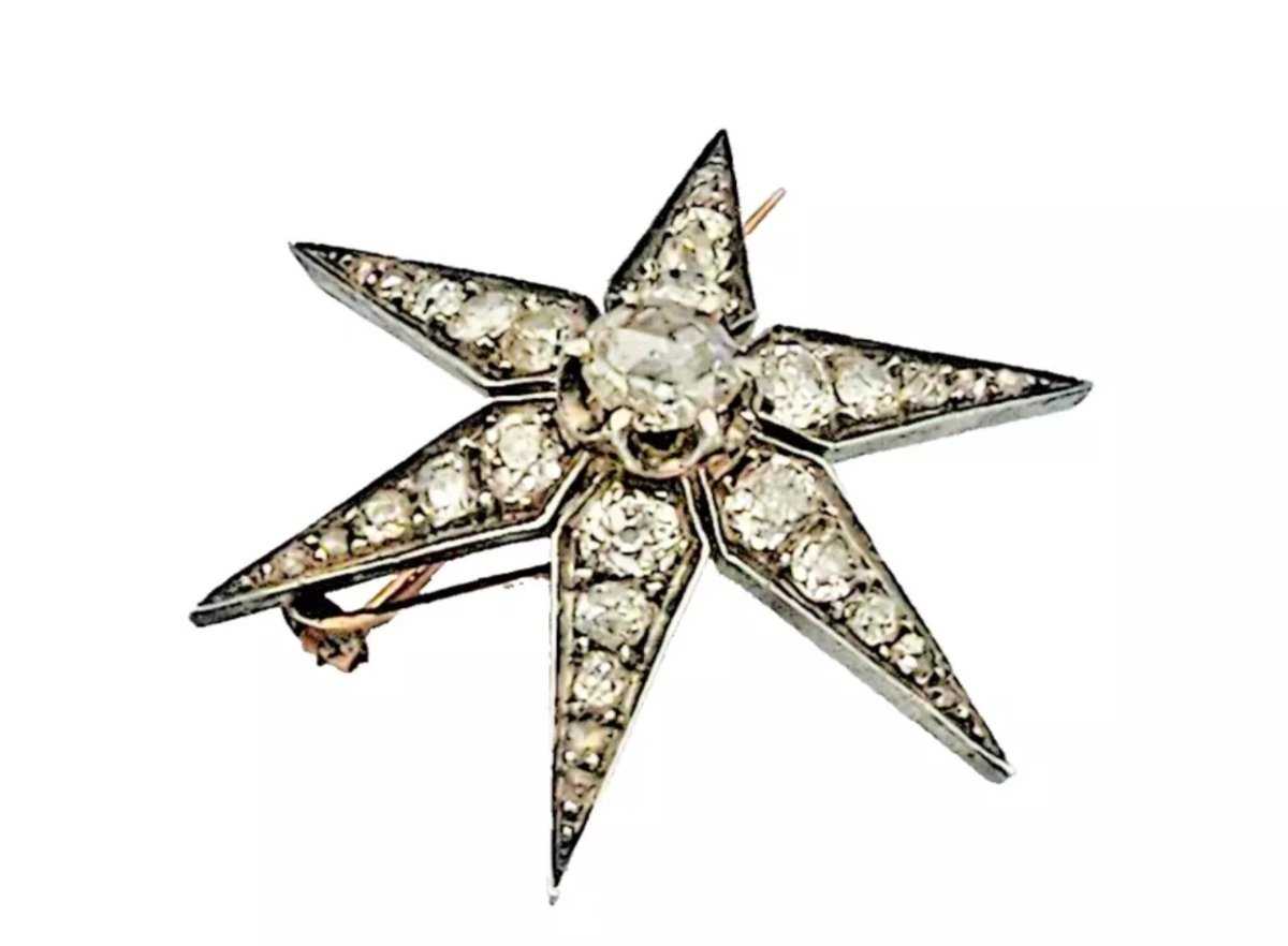 Broche Antique Victorienne En Or Et Argent Avec Diamant Taille Européenne De 3,72 Carats-photo-6