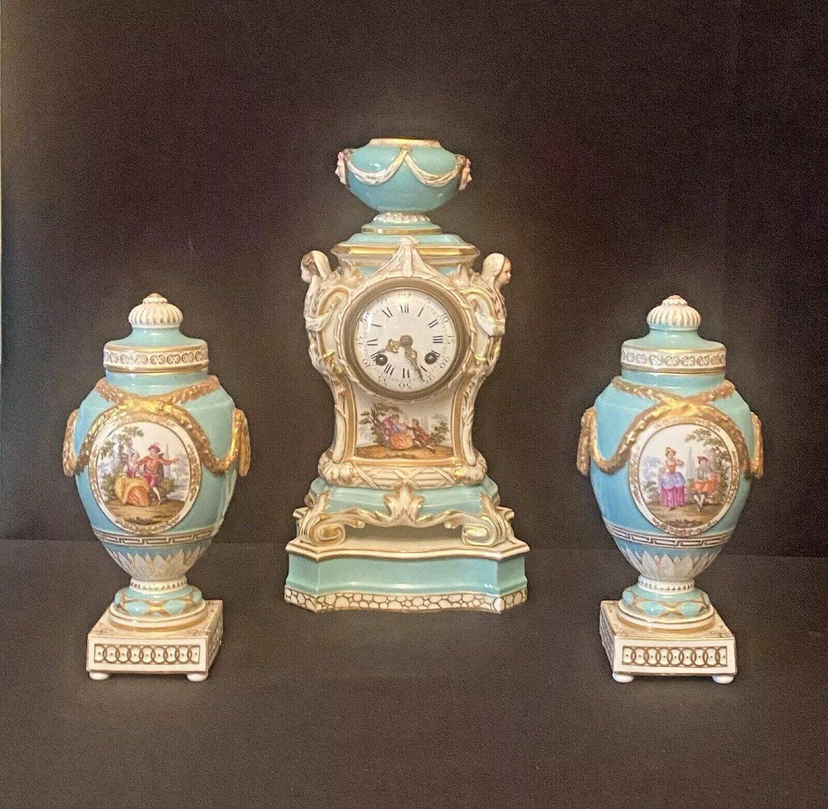  Ensemble d'Horloge Antique En Porcelaine Kpm Berlin, 3 Pièces, XIXe Siècle