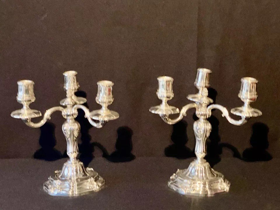 Pair 19th C Antique French Odiot Paris Sterling Silver Three Light Candelabra-photo-2