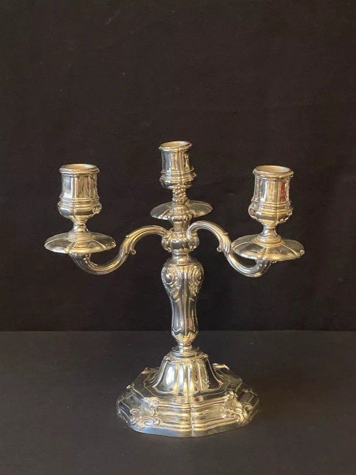 Pair 19th C Antique French Odiot Paris Sterling Silver Three Light Candelabra-photo-3