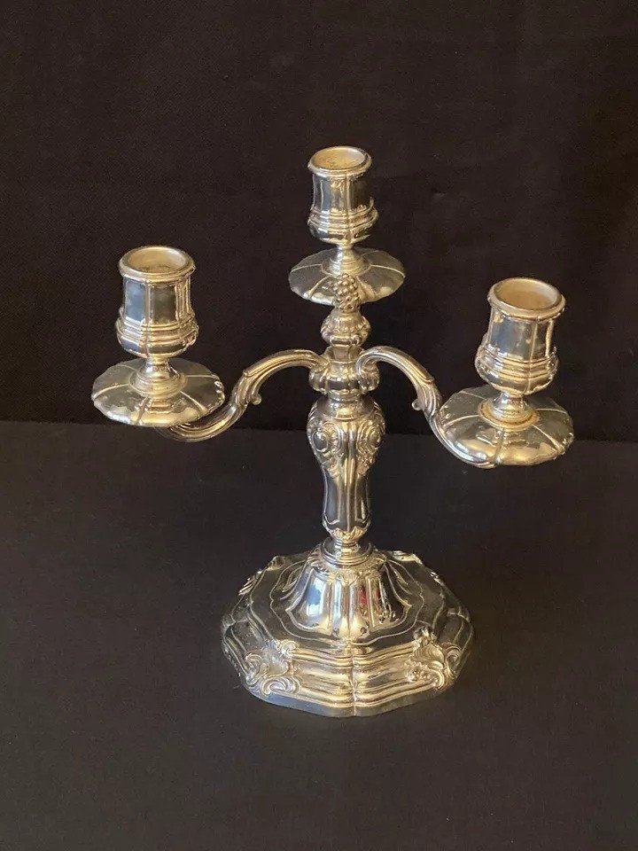 Pair 19th C Antique French Odiot Paris Sterling Silver Three Light Candelabra-photo-4