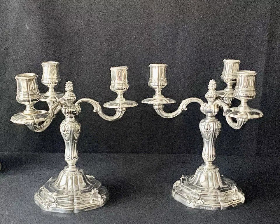 Pair 19th C Antique French Odiot Paris Sterling Silver Three Light Candelabra-photo-3