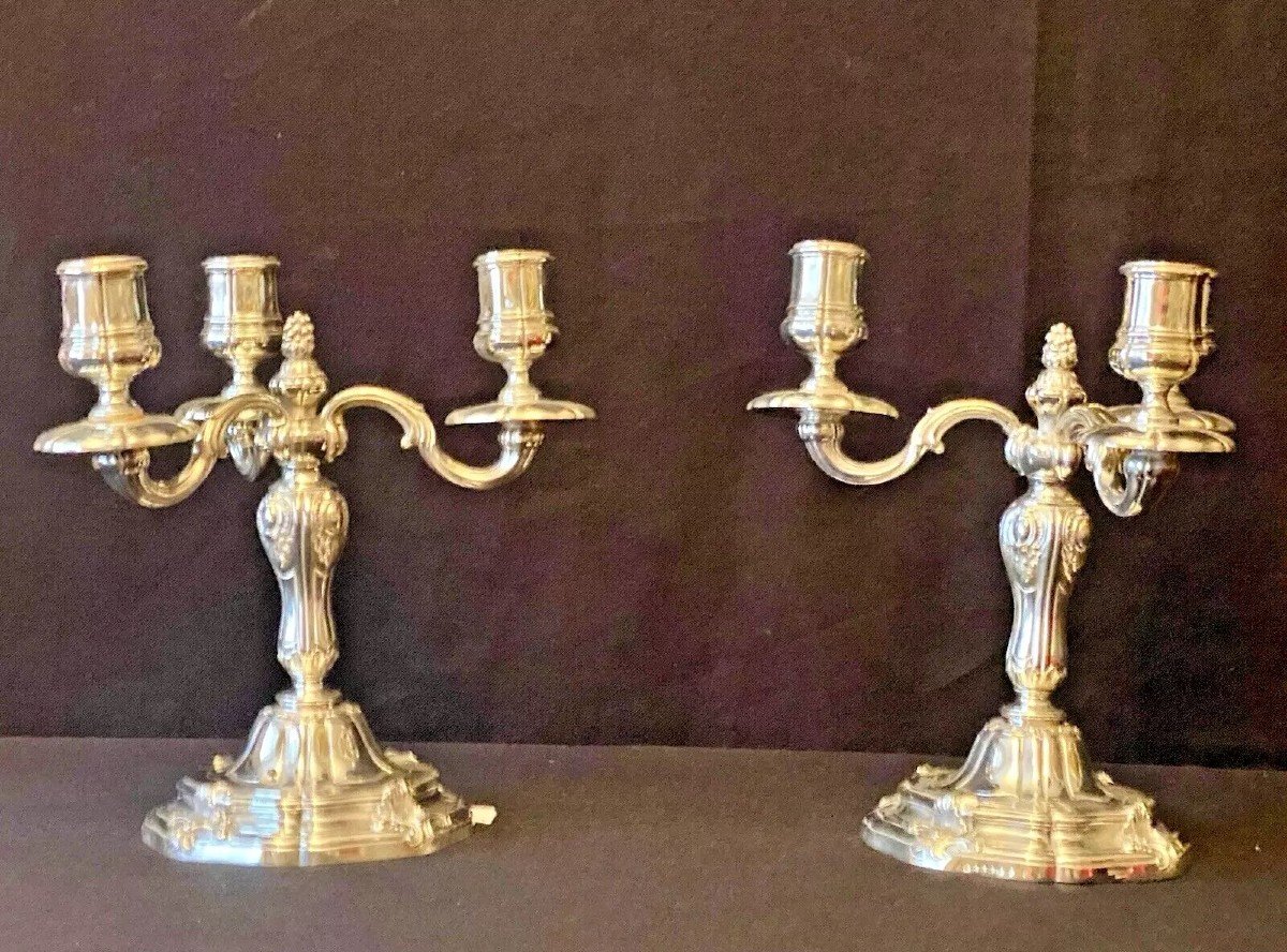 Pair 19th C Antique French Odiot Paris Sterling Silver Three Light Candelabra