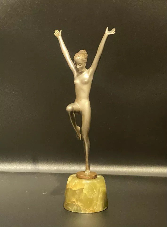 Danseuse Art Déco En Bronze Argenté Aux Bras étendus Par Josef Lorenzl, Vers 1920-photo-2