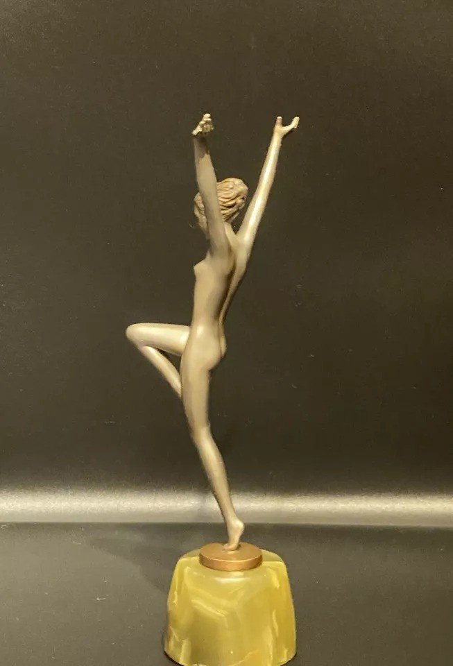 Danseuse Art Déco En Bronze Argenté Aux Bras étendus Par Josef Lorenzl, Vers 1920-photo-3