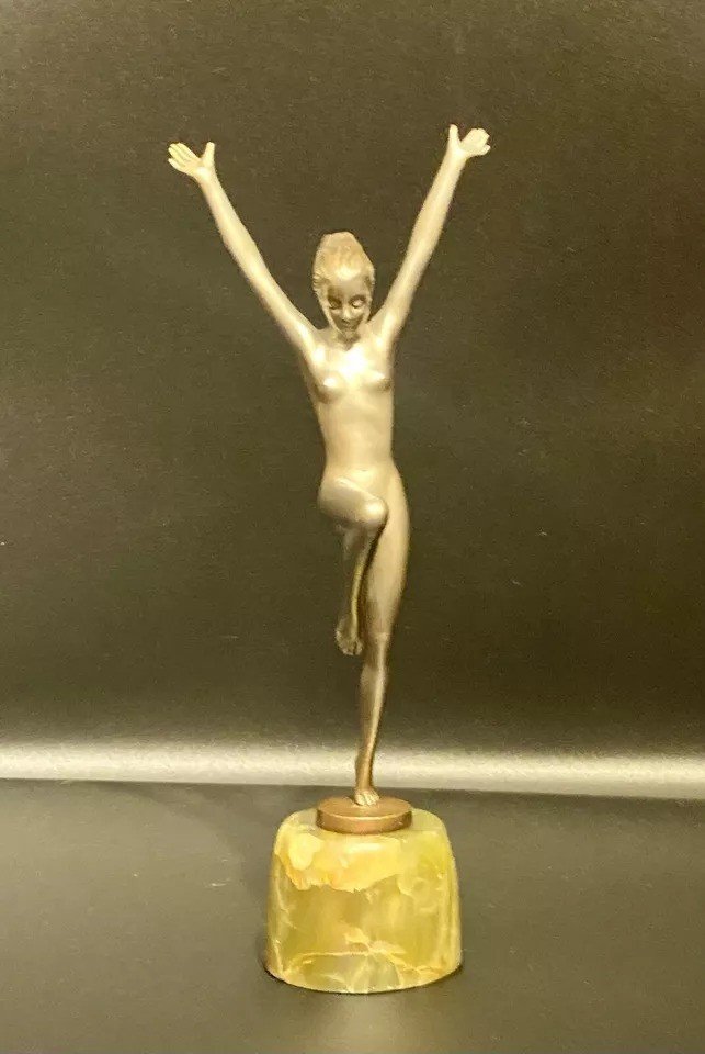 Danseuse Art Déco En Bronze Argenté Aux Bras étendus Par Josef Lorenzl, Vers 1920-photo-4