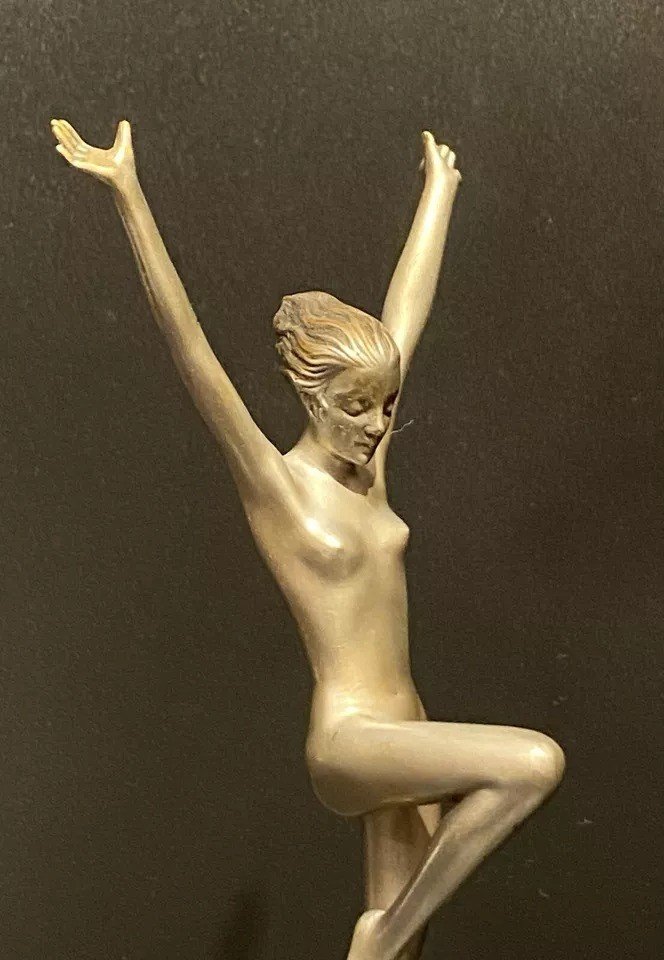 Danseuse Art Déco En Bronze Argenté Aux Bras étendus Par Josef Lorenzl, Vers 1920-photo-1