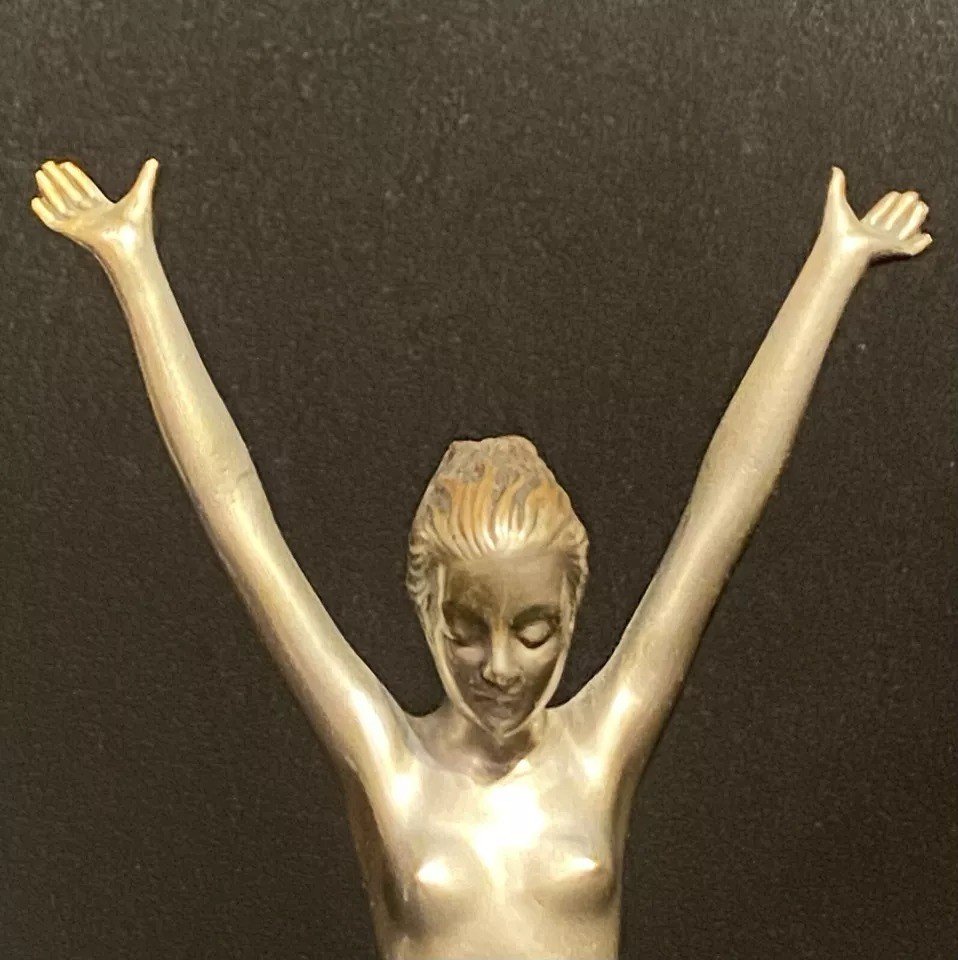 Danseuse Art Déco En Bronze Argenté Aux Bras étendus Par Josef Lorenzl, Vers 1920-photo-2