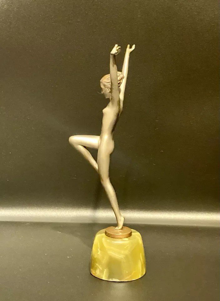 Danseuse Art Déco En Bronze Argenté Aux Bras étendus Par Josef Lorenzl, Vers 1920-photo-6