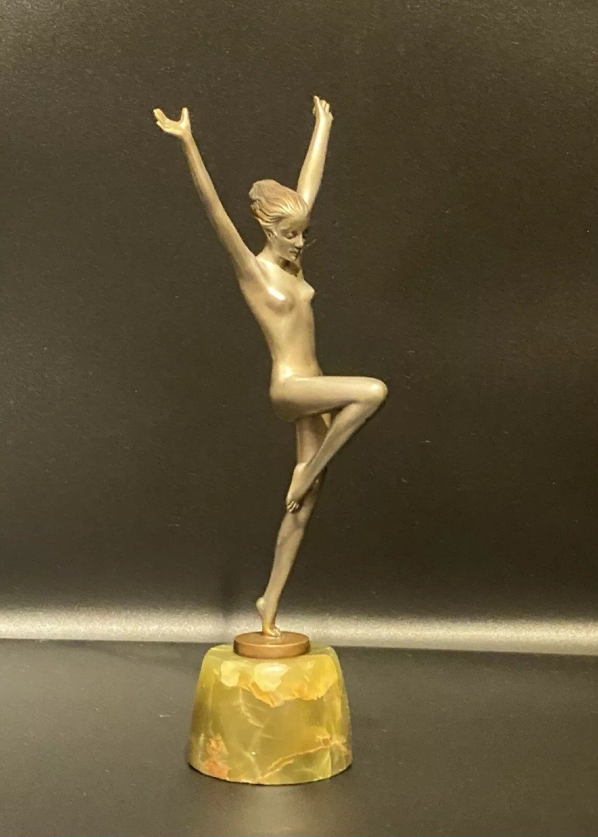 Danseuse Art Déco En Bronze Argenté Aux Bras étendus Par Josef Lorenzl, Vers 1920