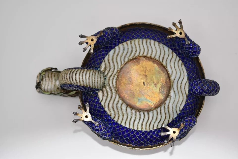 Cendrier Vintage Qing Chinois En Argent émaillé Avec Dragon Détaille Et Bord En Jade-photo-4