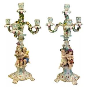 A Large Fine Pair Of Meissen Porcelain Figural Candle Holders Circa 19th Century