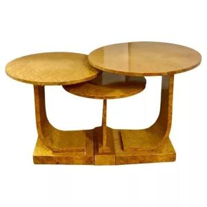 Rare Nest De Tables Art Déco En érable Blond à œil De Perdrix Par Epstein, Circa 1930