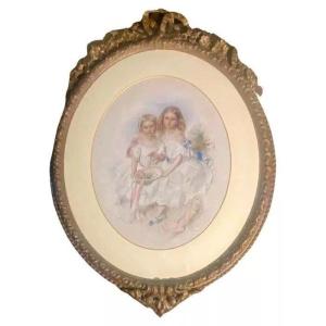 A Large Victorian Eye Catching Double Portrait Painting Of Two Pretty Sisters