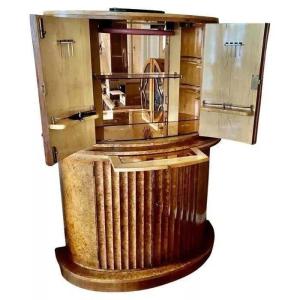 Art Deco Blonde Burl Maple Semi Circular Cocktail Cabinet Bar By H&l Epstein