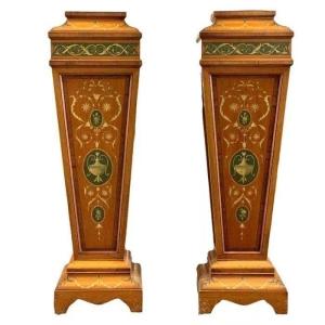 A Pair Edwardian Polychrome Painted Satinwood Pedestals