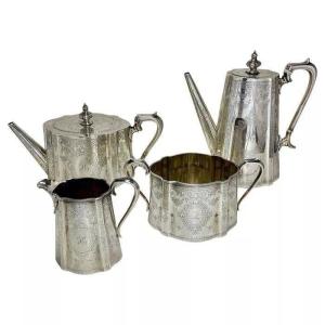 Highly Engraved Victorian Sterling Silver Tea Coffee Service, 1873