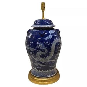 Huge Vintage Table Lamp Jar In Ming Blue & White Porcelain