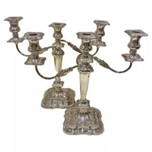 Pair Of Large Vintage Sterling Silver Three-light Candelabras