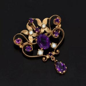 Victorian 9ct Gold Amethyst And Pearl Brooch