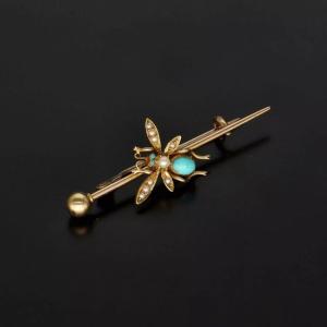 Broche Victorienne en Or 9ct avec Insecte en Turquoise