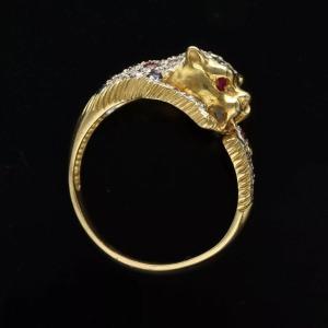 Bague Panthère Léopard En Or Massif 18ct Avec Diamants Et Multi-gemmes Vintage