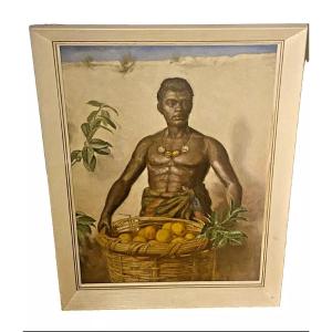 Superb Quality Antique Painting. Handsome Semi Naked Black African Orange Seller