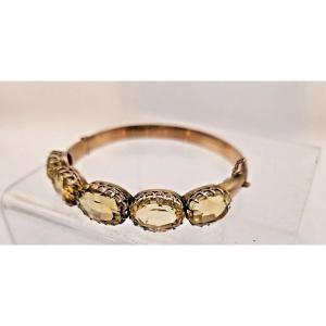 Bracelet Jonc Victorien En Or Rose 9 Carats Serti De 5 Citrines, Antique Vers 1880