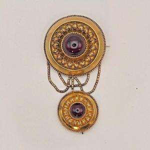 Victorian Etruscan Revival 14ct Solid Gold Cabochon Garnet Locket Brooch Ca 1880