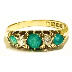 A Fine Edwardian Emerald & Diamond Solid 18ct Yellow Gold Five Stone Ring